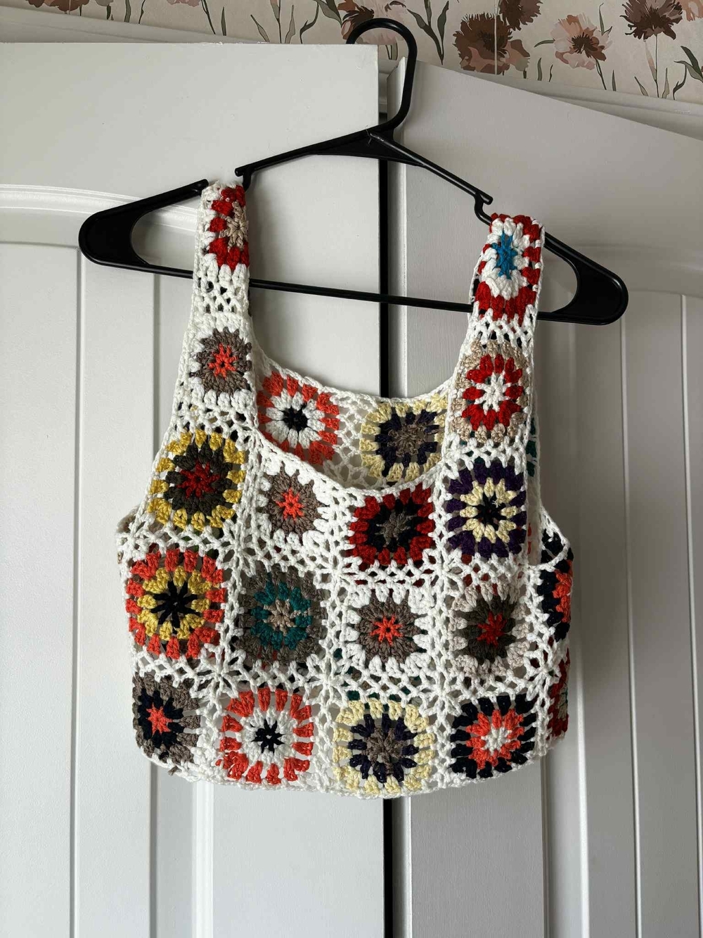 Handcrafted Crochet Tank Top in White with Multicolor Accents